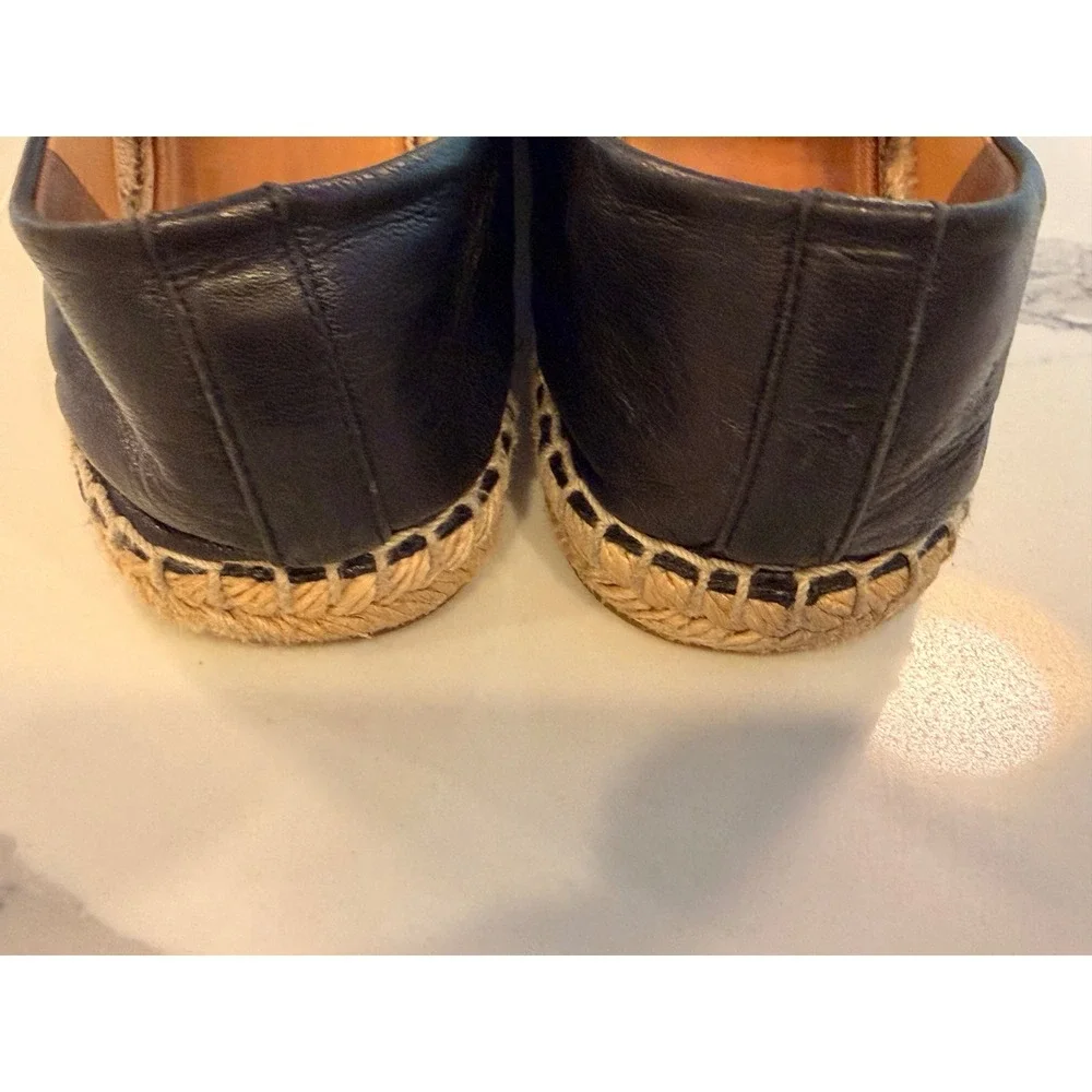 Tory Burch Elanor Black Leather Espadrille Flats Gold Logo Size 9.5